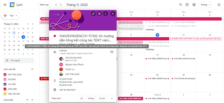 SỬ DỤNG TÍNH NĂNG LỊCH GOOGLE  ĐỂ NHẮC XỬ LÝ CÔNG VIỆC/VĂN BẢN ĐƯỢC GIAO